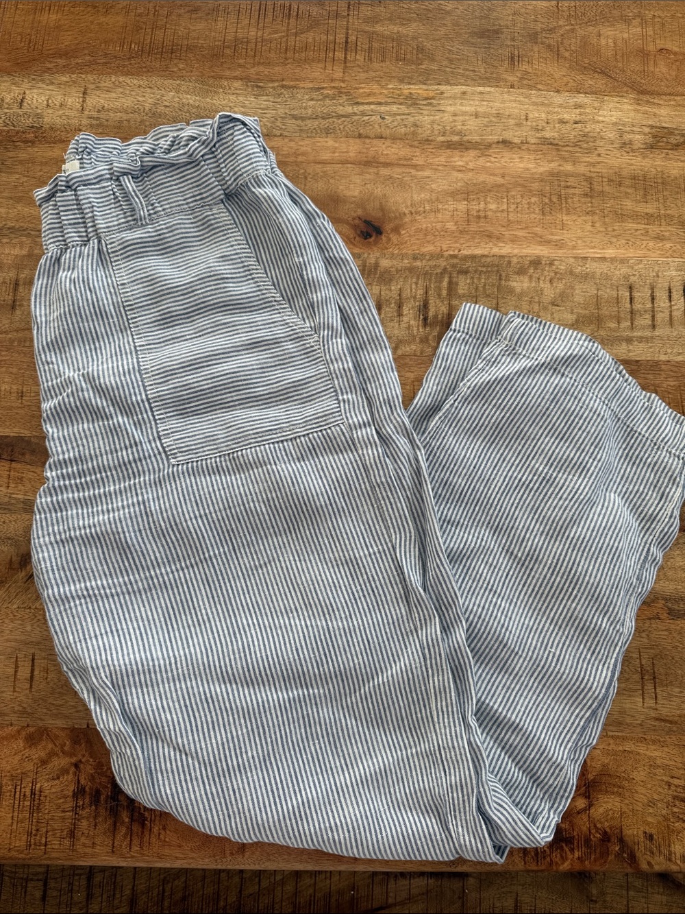 Linen Light Blue & White Striped Paperbag Waist Pants